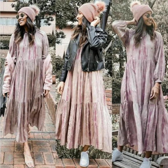 ZARA Embroidered Beaded Tie Dye Dusky Pink Boho Maxi Tiered Dress Sz M NEW - Picture 4 of 15